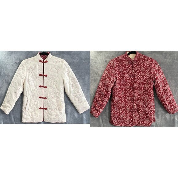 Vtg PEONY BRAND Women Reversible Silk Embroidered Jacket Sz S Ivory Red 66-15 - Picture 1 of 13